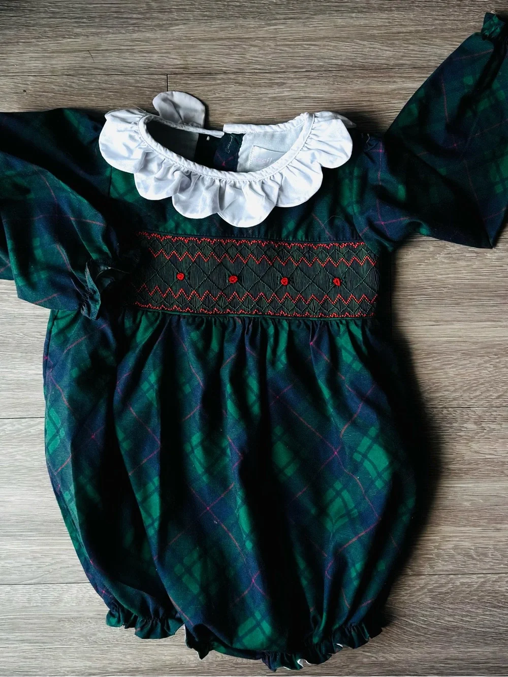 Cecil & Lou - Green Plaid Smocked one piece  with White Ruffle Collar